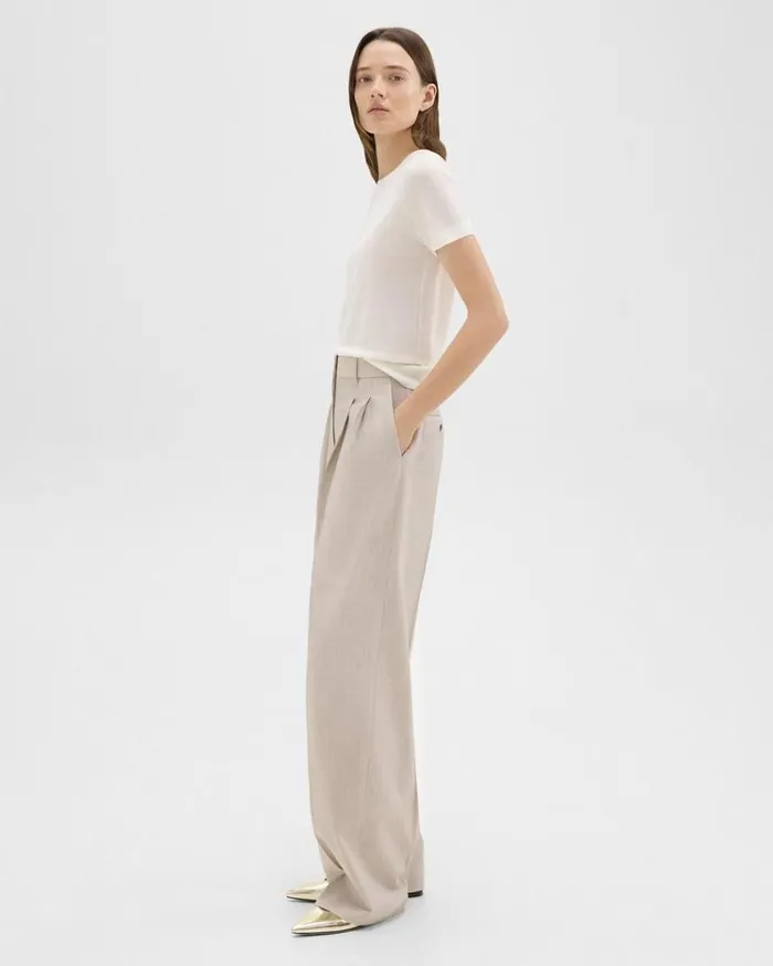 Theory Double Pleat Pant In Good Wool Sand Melange Women Pants