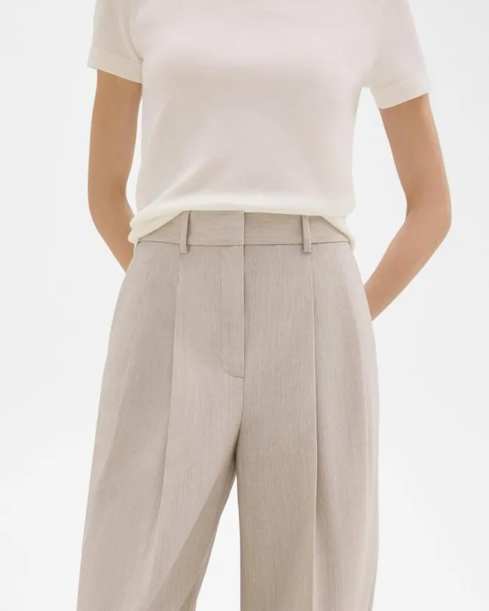 Theory Double Pleat Pant In Good Wool Sand Melange Women Pants