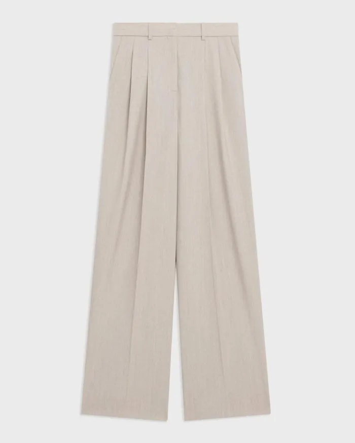Theory Double Pleat Pant In Good Wool Sand Melange Women Pants