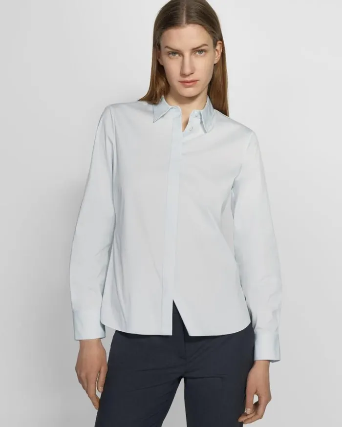 Theory Fitted Shirt In Good Cotton Light Blue Women Tops