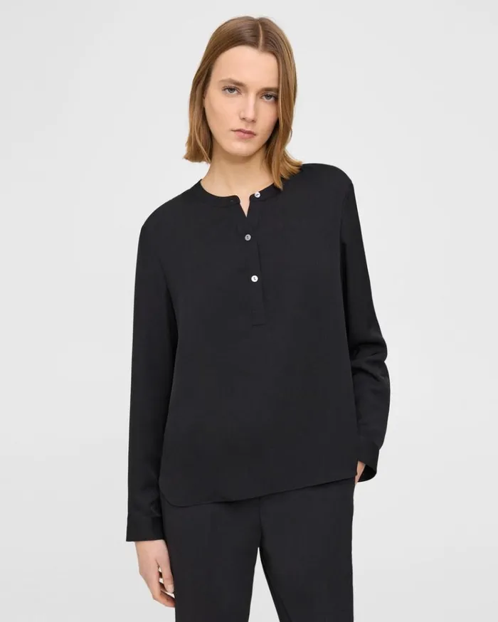 Theory Henley Blouse In Silk Georgette Black Women Tops