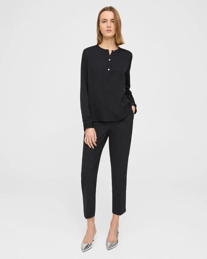 Theory Henley Blouse In Silk Georgette Black Women Tops