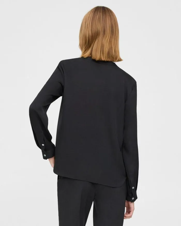 Theory Henley Blouse In Silk Georgette Black Women Tops