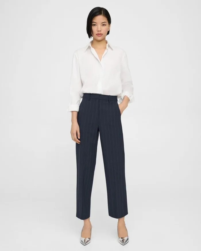 Theory HighWaist StraightLeg Pant In Striped Stretch Wool Deep Navy Women Pants