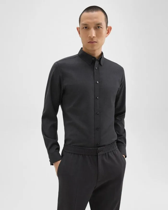 Theory Hugh Shirt In Virgin Wool Dark Charcoal Men Shirts