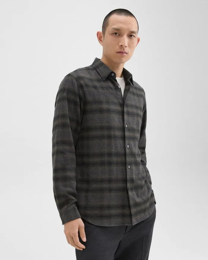 Theory Irving Shirt In Plaid Cotton Flannel Hunter Green Melange Men Shirts