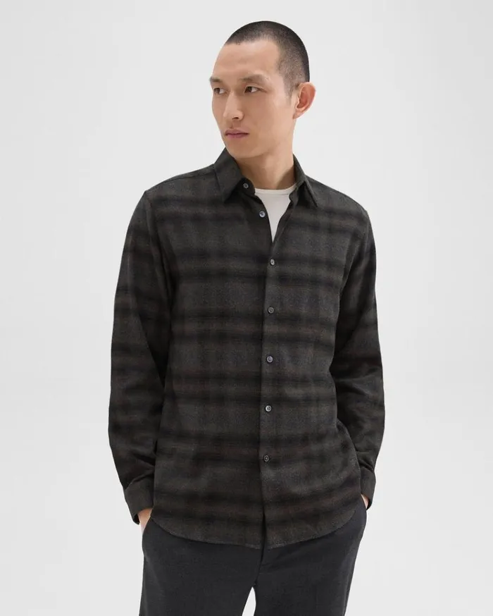 Theory Irving Shirt In Plaid Cotton Flannel Hunter Green Melange Men Shirts Theory Irving Shirt In Plaid Cotton Flannel Hunter Green Melange Men Shirts