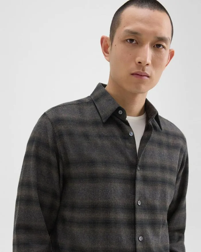 Theory Irving Shirt In Plaid Cotton Flannel Hunter Green Melange Men Shirts Theory Irving Shirt In Plaid Cotton Flannel Hunter Green Melange Men Shirts