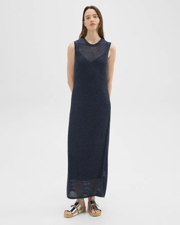 Theory Mesh Maxi Dress In LinenViscose Nocturne Navy Women Dresses