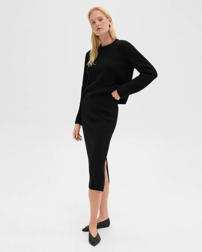Theory Midi PullOn Skirt In Felted WoolCashmere Black Women Skirts
