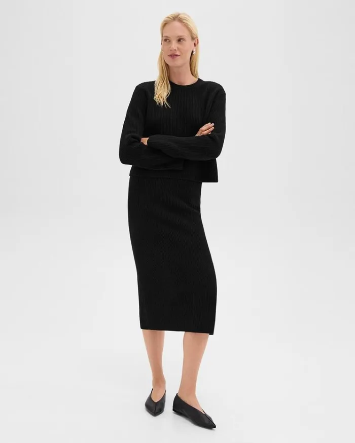 Theory Midi PullOn Skirt In Felted WoolCashmere Black Women Skirts