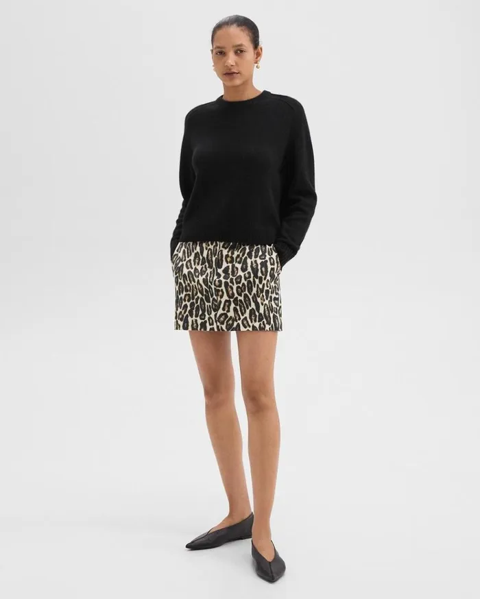 Theory Mini Trouser Skirt In Stretch Leopard Wool Beige Multi Women Skirts