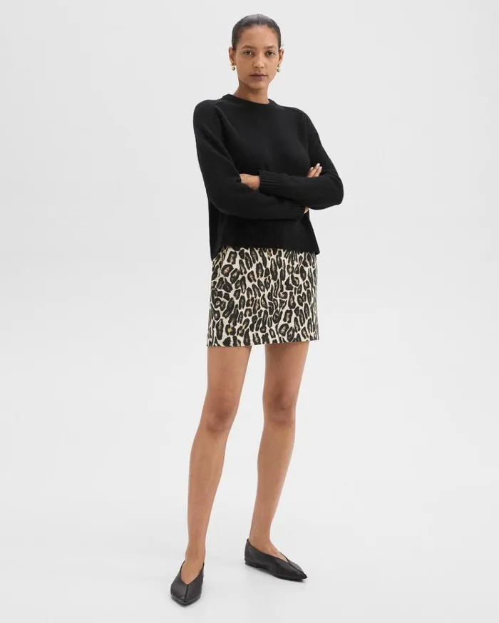 Theory Mini Trouser Skirt In Stretch Leopard Wool Beige Multi Women Skirts