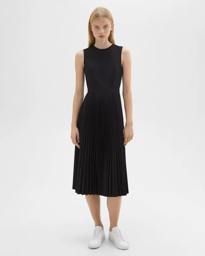 Theory Pleated Midi Dress In Sleek Poplin Black Women Dresses