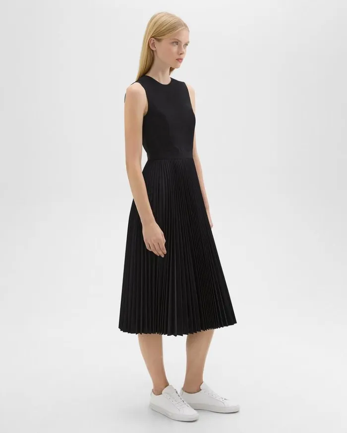 Theory Pleated Midi Dress In Sleek Poplin Black Women Dresses Theory Pleated Midi Dress In Sleek Poplin Black Women Dresses