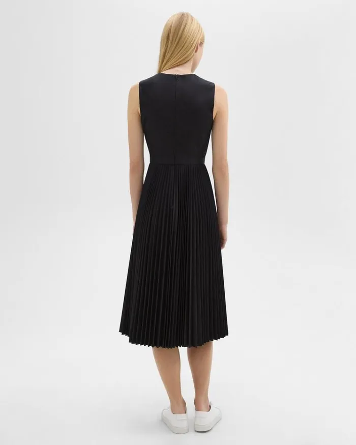 Theory Pleated Midi Dress In Sleek Poplin Black Women Dresses Theory Pleated Midi Dress In Sleek Poplin Black Women Dresses