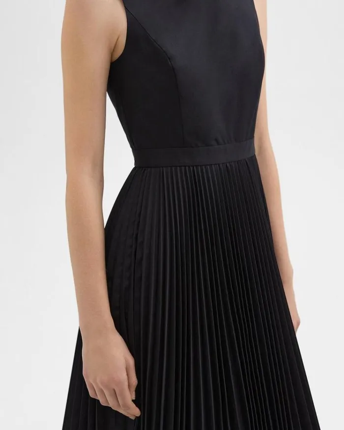 Theory Pleated Midi Dress In Sleek Poplin Black Women Dresses Theory Pleated Midi Dress In Sleek Poplin Black Women Dresses