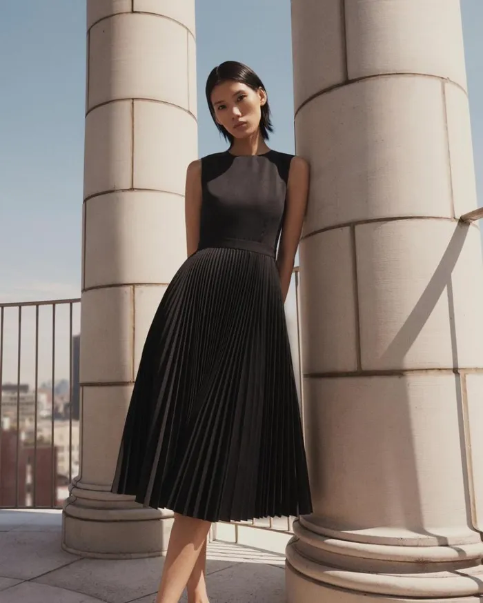 Theory Pleated Midi Dress In Sleek Poplin Black Women Dresses Theory Pleated Midi Dress In Sleek Poplin Black Women Dresses