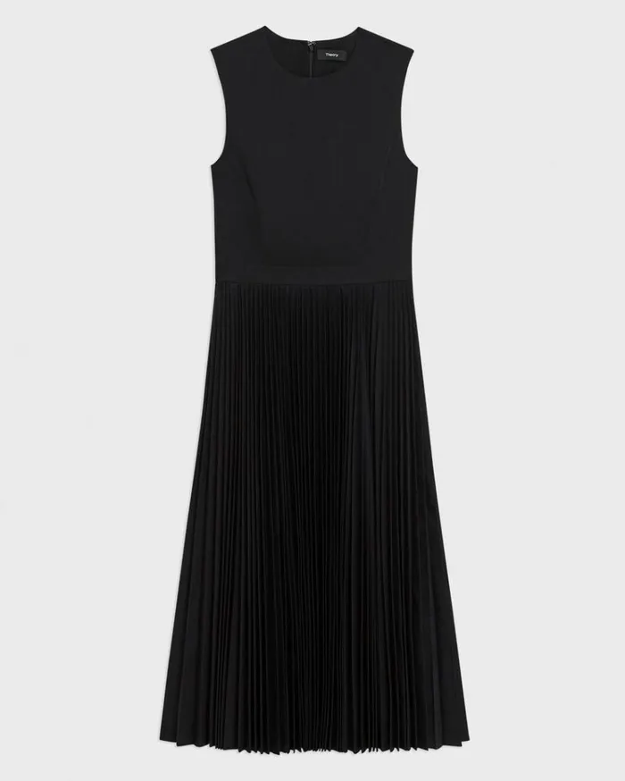 Theory Pleated Midi Dress In Sleek Poplin Black Women Dresses Theory Pleated Midi Dress In Sleek Poplin Black Women Dresses