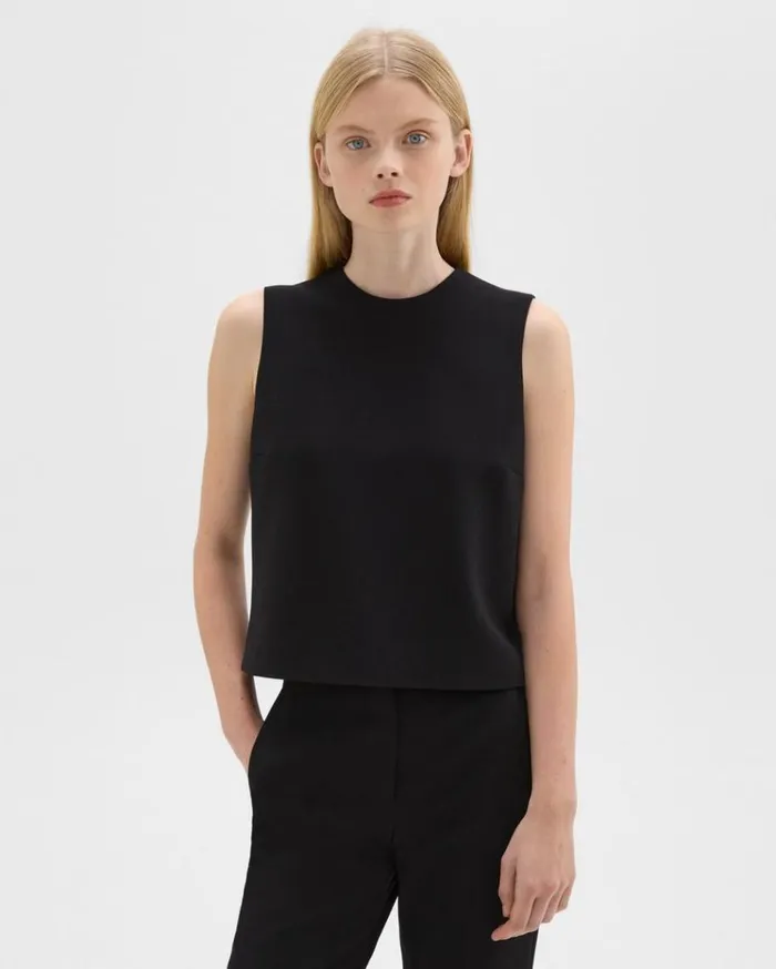 Theory Sleeveless Crewneck Top In Admiral Crepe Black Women Tops