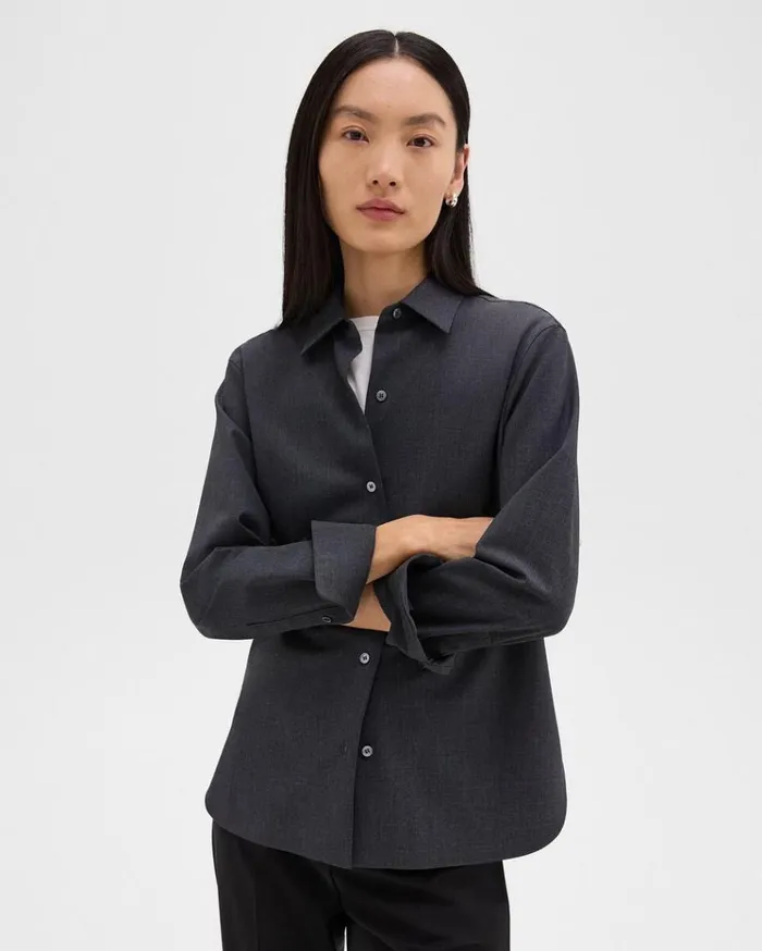 Theory Straight Shirt In Good Wool Charcoal Melange Women Tops