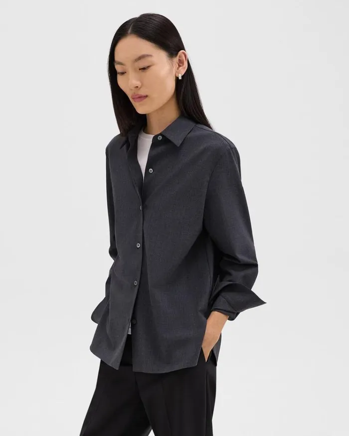 Theory Straight Shirt In Good Wool Charcoal Melange Women Tops
