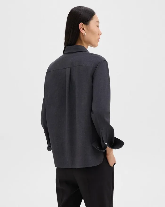 Theory Straight Shirt In Good Wool Charcoal Melange Women Tops