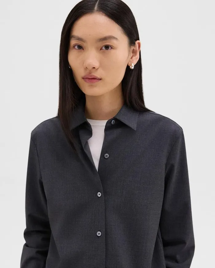 Theory Straight Shirt In Good Wool Charcoal Melange Women Tops