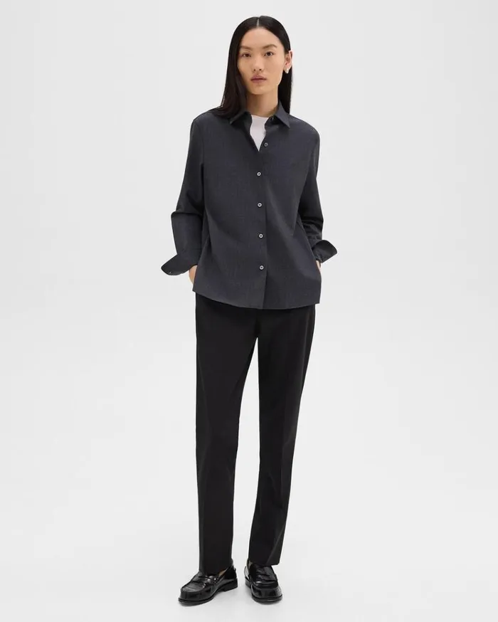 Theory Straight Shirt In Good Wool Charcoal Melange Women Tops
