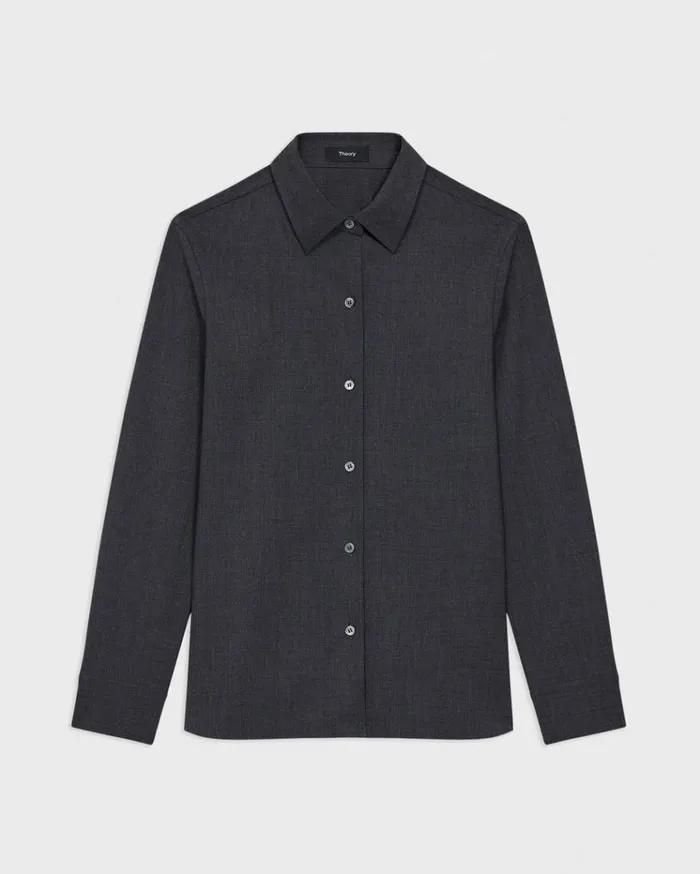 Theory Straight Shirt In Good Wool Charcoal Melange Women Tops