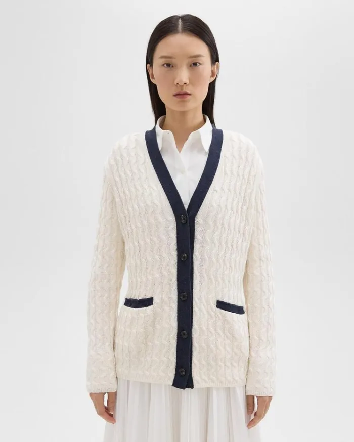 Theory VNeck Cardigan In Cable Knit Linen Bonenocturne Navy Women Sweaters Cardigans Theory VNeck Cardigan In Cable Knit Linen Bonenocturne Navy Women Sweaters Cardigans