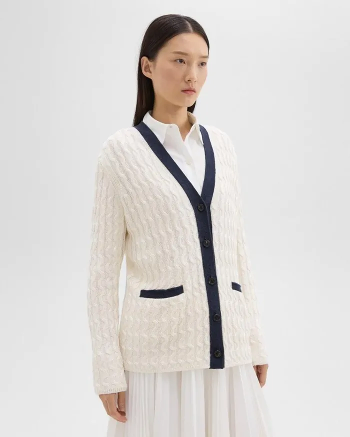 Theory VNeck Cardigan In Cable Knit Linen Bonenocturne Navy Women Sweaters Cardigans Theory VNeck Cardigan In Cable Knit Linen Bonenocturne Navy Women Sweaters Cardigans