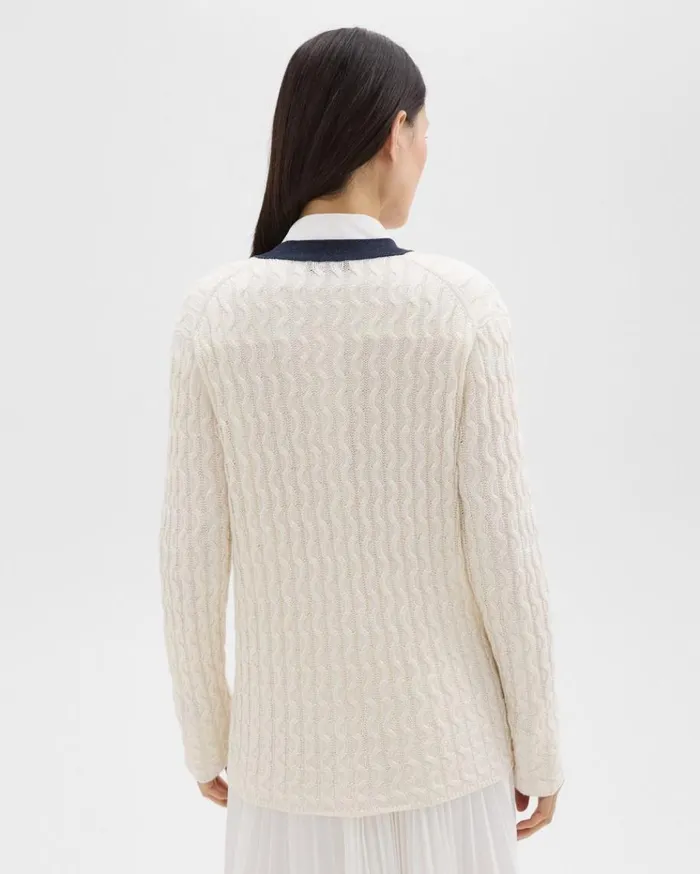 Theory VNeck Cardigan In Cable Knit Linen Bonenocturne Navy Women Sweaters Cardigans Theory VNeck Cardigan In Cable Knit Linen Bonenocturne Navy Women Sweaters Cardigans