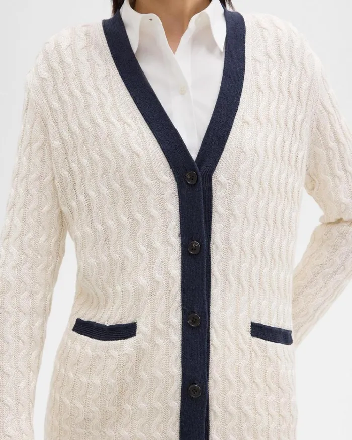 Theory VNeck Cardigan In Cable Knit Linen Bonenocturne Navy Women Sweaters Cardigans Theory VNeck Cardigan In Cable Knit Linen Bonenocturne Navy Women Sweaters Cardigans
