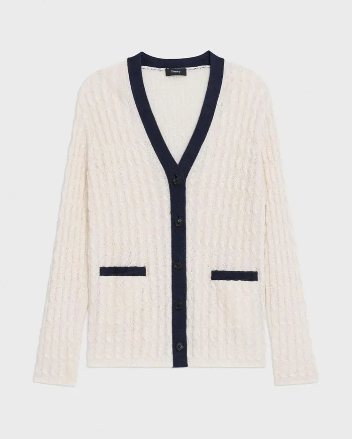 Theory VNeck Cardigan In Cable Knit Linen Bonenocturne Navy Women Sweaters Cardigans Theory VNeck Cardigan In Cable Knit Linen Bonenocturne Navy Women Sweaters Cardigans