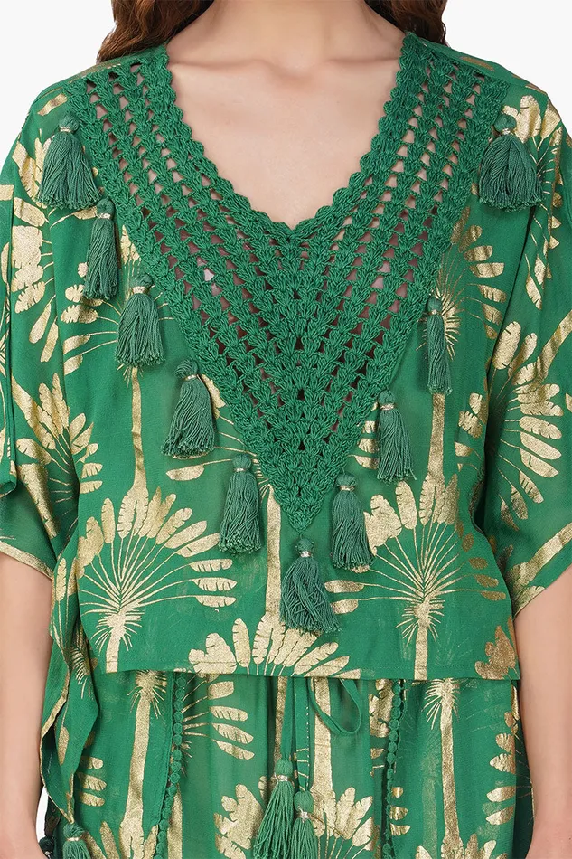 Tops America and Beyond Women Pine Green Palm Tassel Blouse
