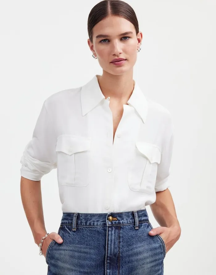 Tops and Shirts Women Madewell Alexa Chung For Madewell PleatPocket ButtonUp Shirt Eyelet White