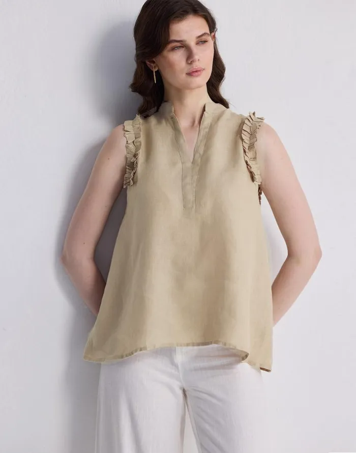 Tops and Shirts Women Madewell Reistor Sleeveless 100 Hemp Top With Ruffles In Neutral Beige Beige