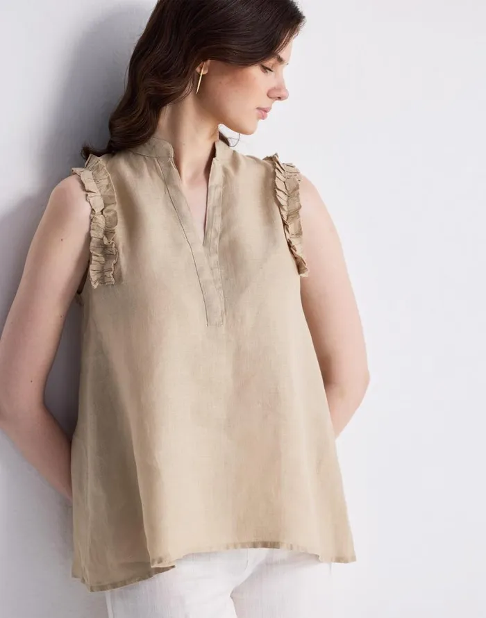Tops and Shirts Women Madewell Reistor Sleeveless 100 Hemp Top With Ruffles In Neutral Beige Beige