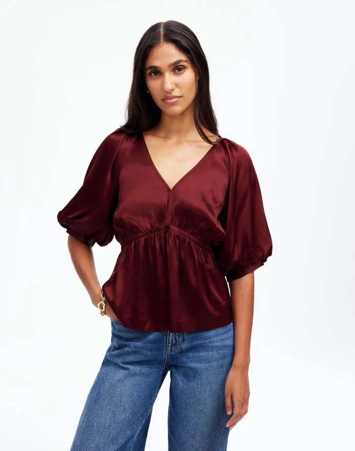 Tops and Shirts Women Madewell Shirred PuffSleeve Top In Satin Cabernet