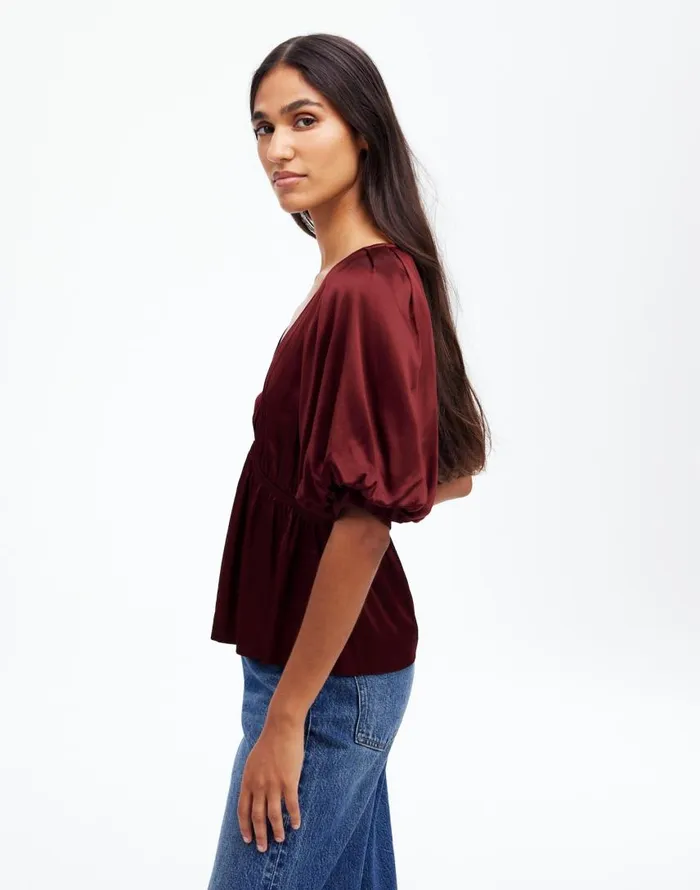 Tops and Shirts Women Madewell Shirred PuffSleeve Top In Satin Cabernet