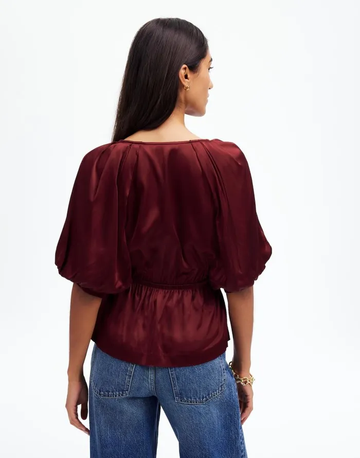 Tops and Shirts Women Madewell Shirred PuffSleeve Top In Satin Cabernet
