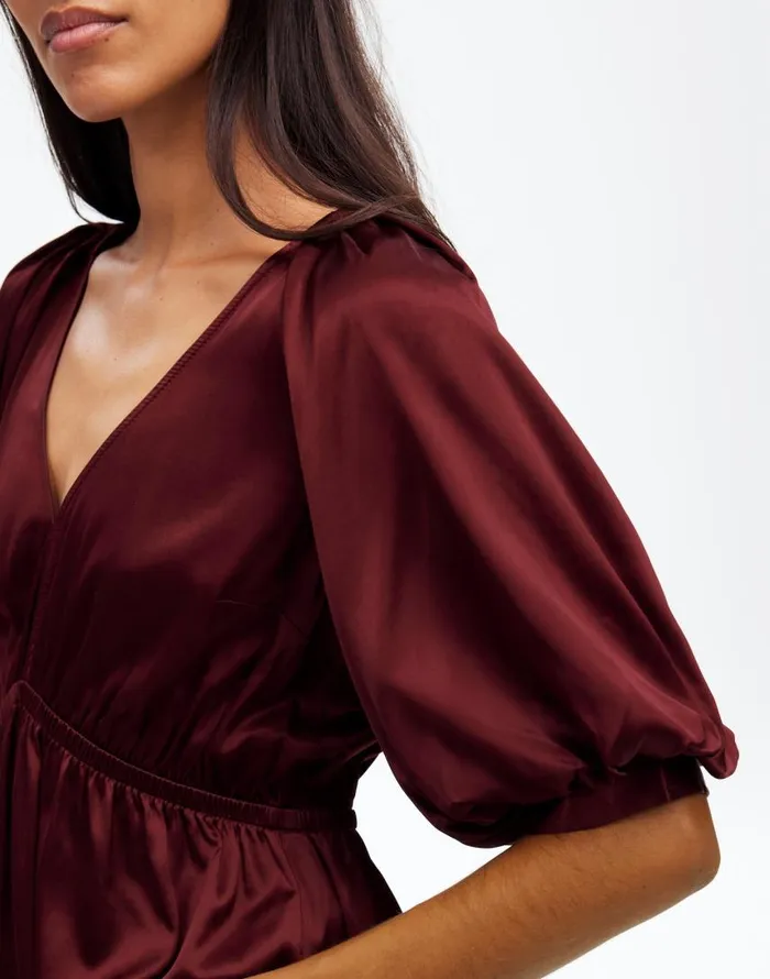 Tops and Shirts Women Madewell Shirred PuffSleeve Top In Satin Cabernet
