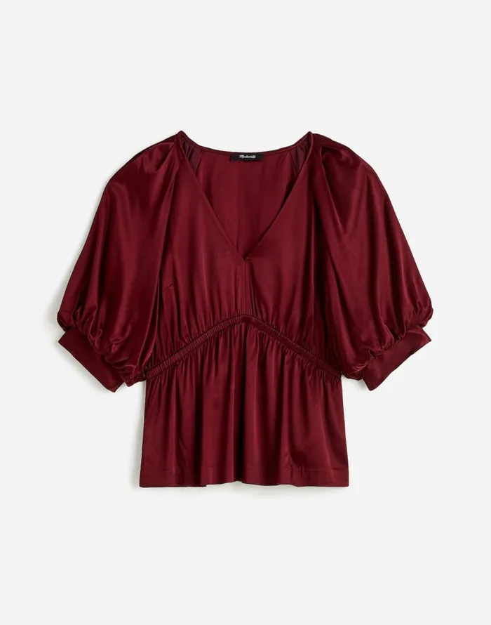 Tops and Shirts Women Madewell Shirred PuffSleeve Top In Satin Cabernet
