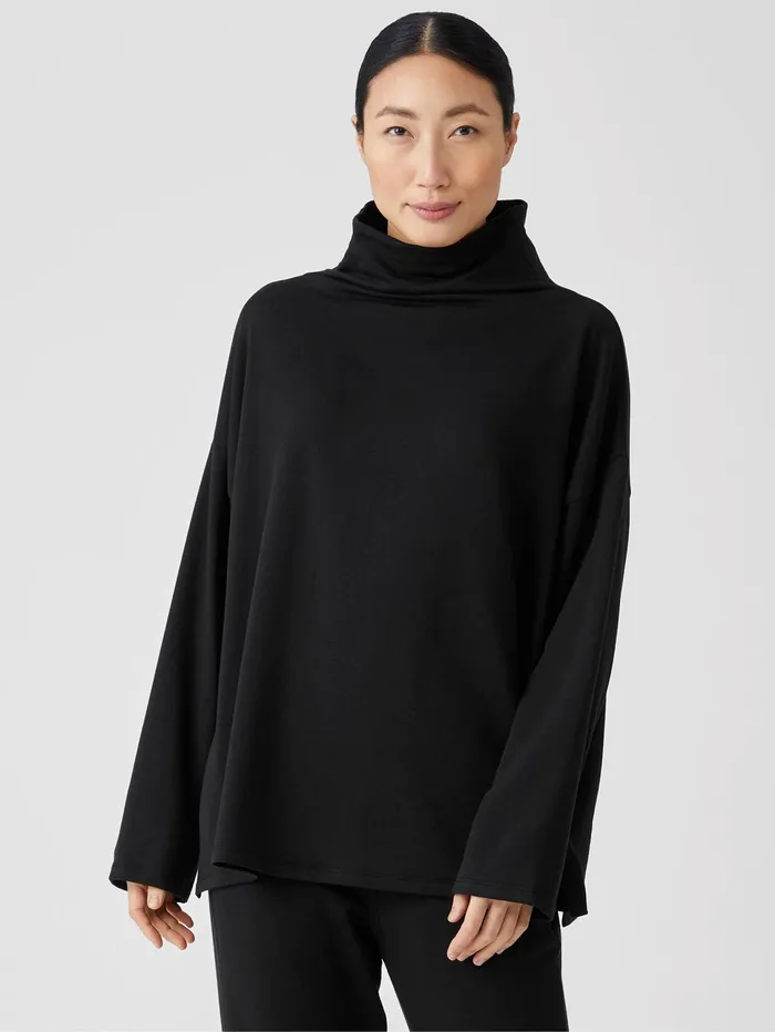 Tops and Tees Women Eileen Fisher Cozy Brushed Terry Funnel Hug Neck BoxTop Black Tops and Tees Women Eileen Fisher Cozy Brushed Terry Funnel Hug Neck BoxTop Black