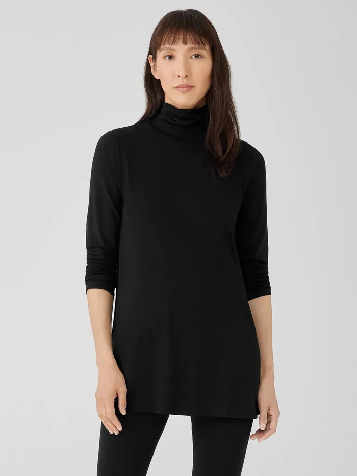 Tops and Tees Women Eileen Fisher Fine Jersey Scrunch Neck Long Top Black