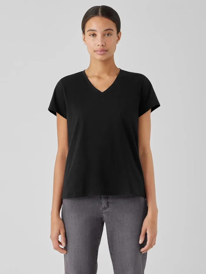 Tops and Tees Women Eileen Fisher Organic Pima Cotton Jersey VNeck Tee Black
