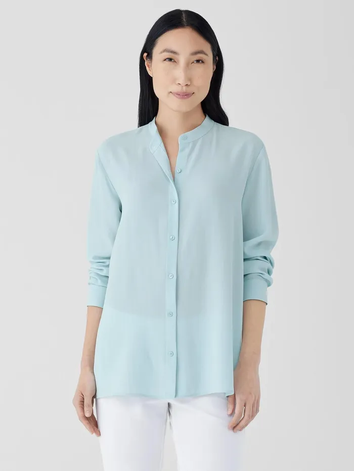 Tops and Tees Women Eileen Fisher Silk Georgette Crepe Band Collar Shirt Clearwater Tops and Tees Women Eileen Fisher Silk Georgette Crepe Band Collar Shirt Clearwater