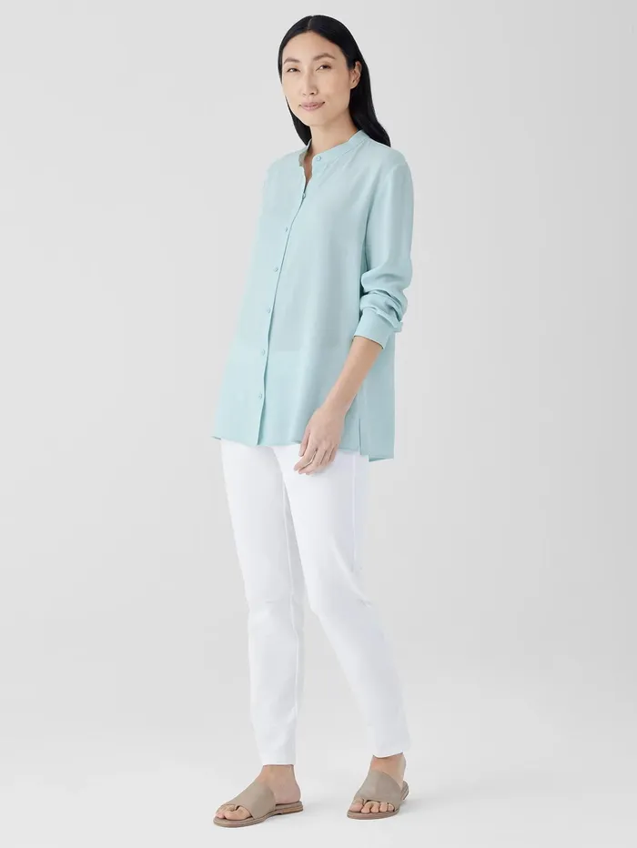 Tops and Tees Women Eileen Fisher Silk Georgette Crepe Band Collar Shirt Clearwater
