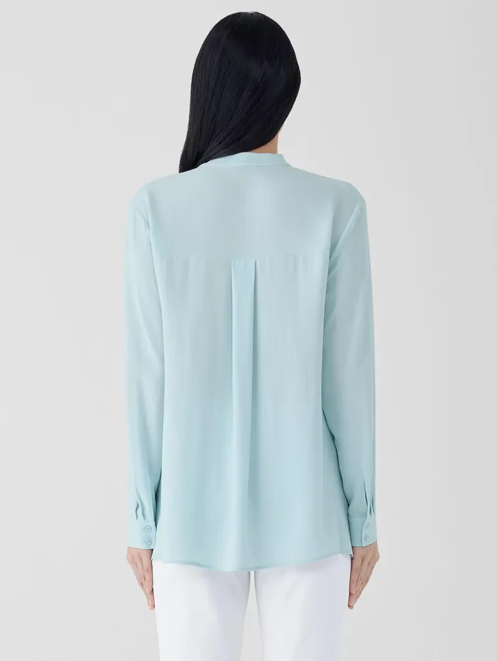 Tops and Tees Women Eileen Fisher Silk Georgette Crepe Band Collar Shirt Clearwater